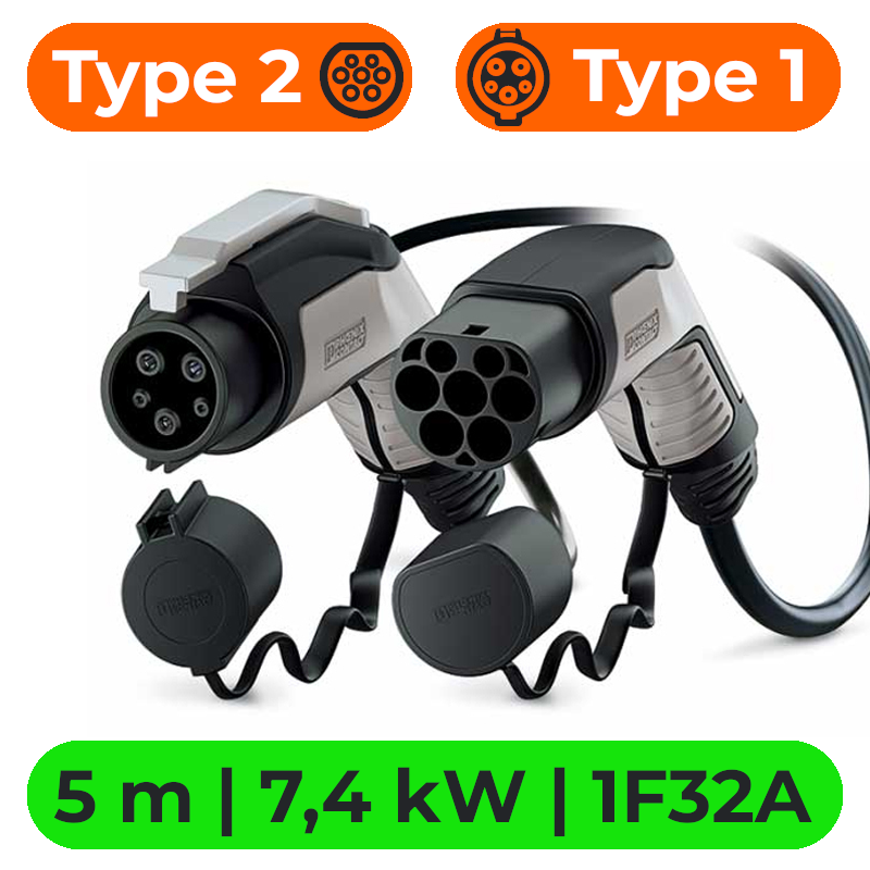 KABEL AC 7,4 kW Type 2 - Type 1 5m (1F32A) Wallbox Chargers